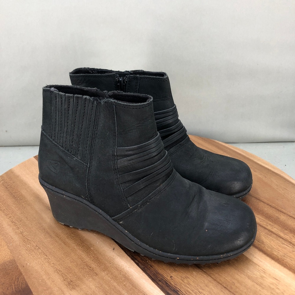 Keen Leather Ankle Boots Womens Size 7.5 Black Wedge Heel Zip Up Casual
